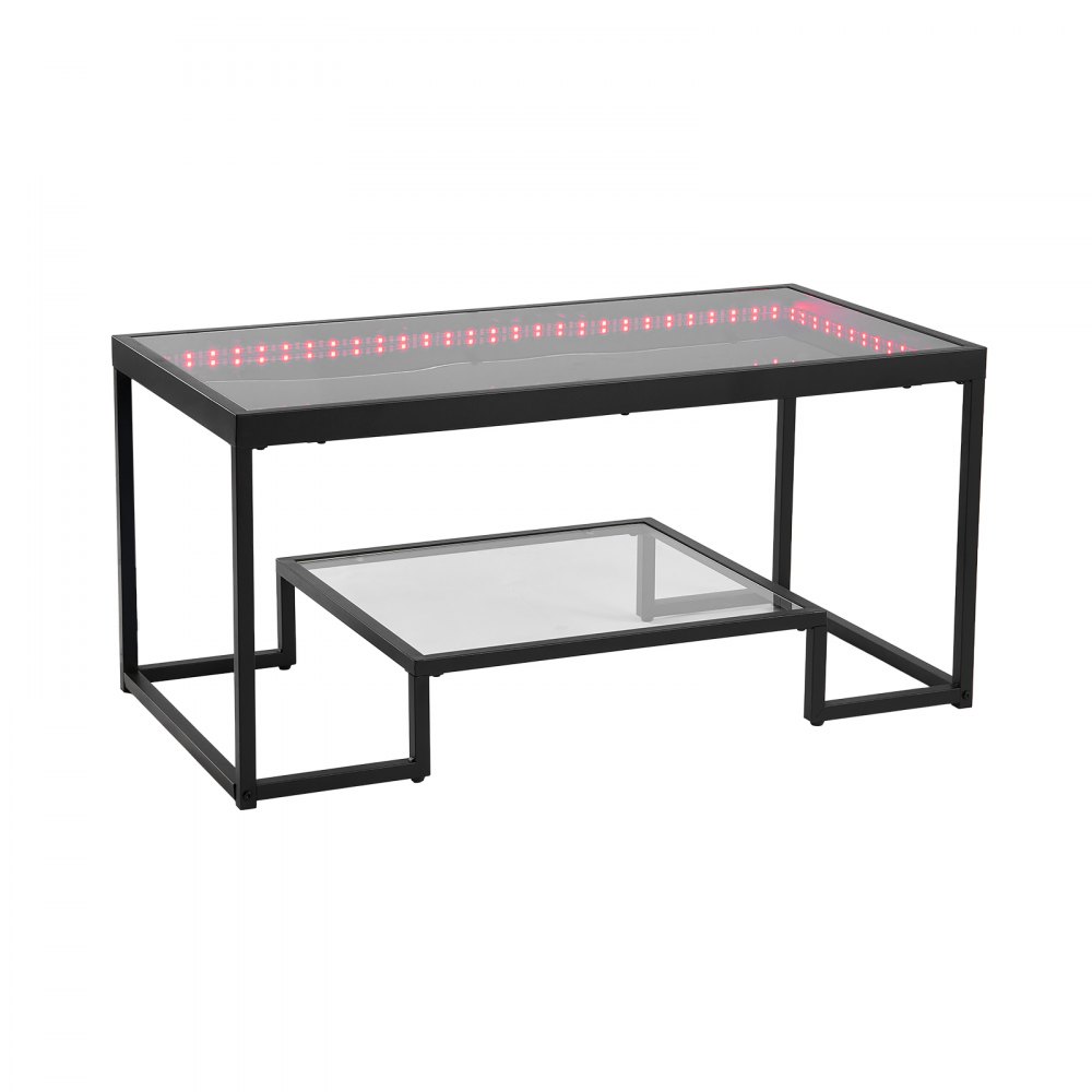 VEVOR Couchtisch Beistelltisch aus gehärtetem Glas mit Beleuchtung, rechteckiger Glastisch mit zwei Ebenen & offenem Stauraum, Kaffeetisch aus Metall für Wohnzimmer Büro 100 x 51 x 48 cm Schwarz