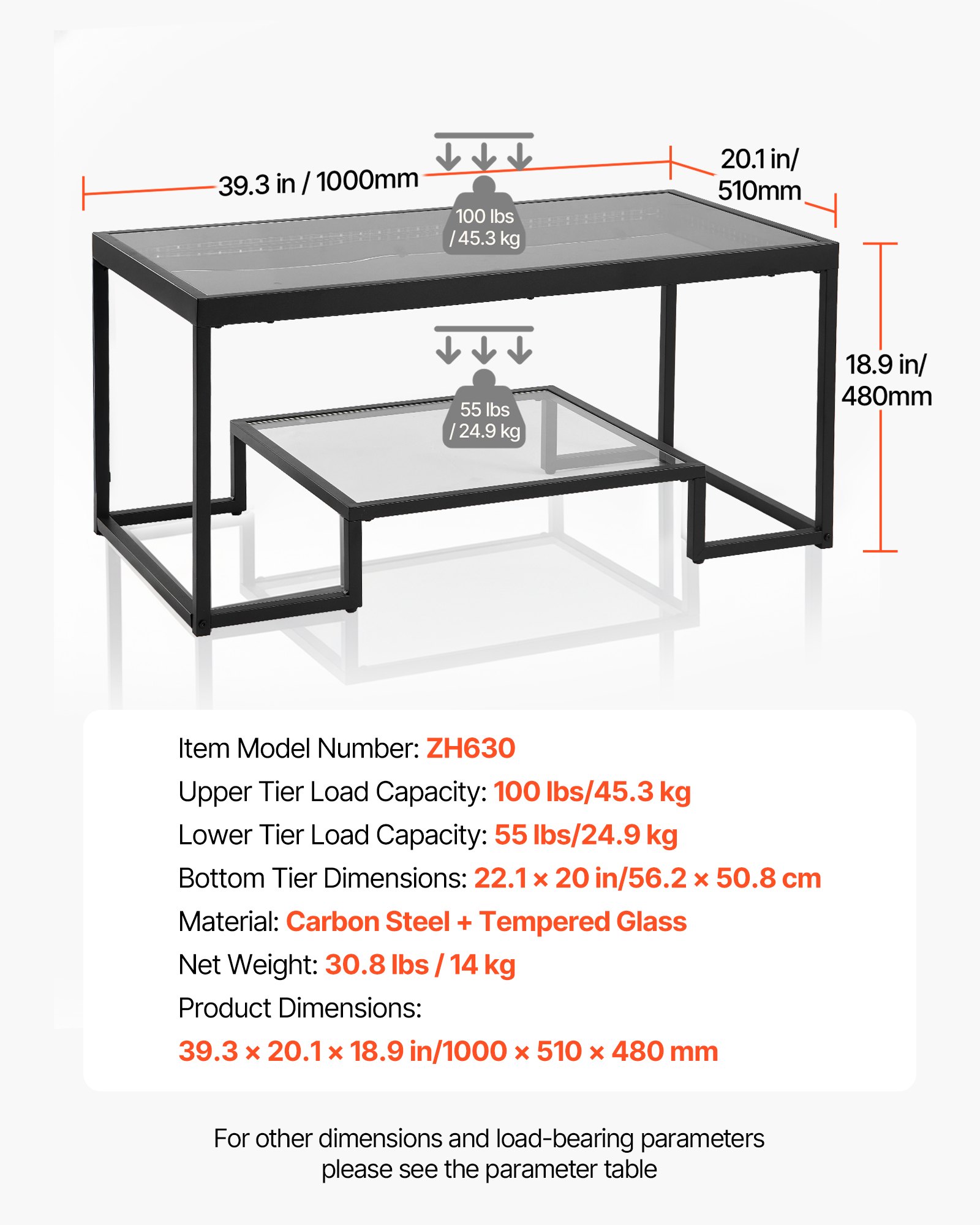 VEVOR Couchtisch Beistelltisch aus gehärtetem Glas mit Beleuchtung, rechteckiger Glastisch mit zwei Ebenen & offenem Stauraum, Kaffeetisch aus Metall für Wohnzimmer Büro 100 x 51 x 48 cm Schwarz