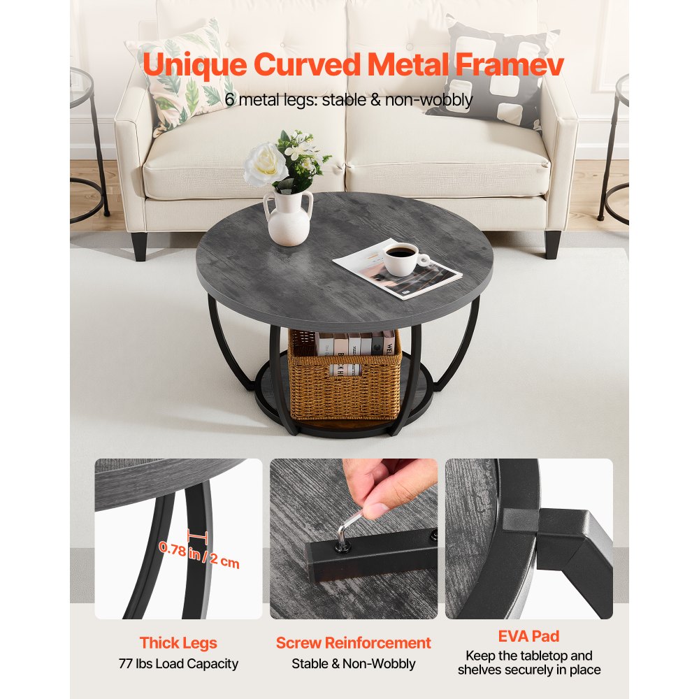VEVOR Couchtisch Beistelltisch, zweistufiger runder Beistelltisch Sofatisch mit robustem Metallgestell & offenem Stauraum & 34,9 kg Tragkraft, minimalistischer Wohnzimmertisch Kaffeetisch Grau