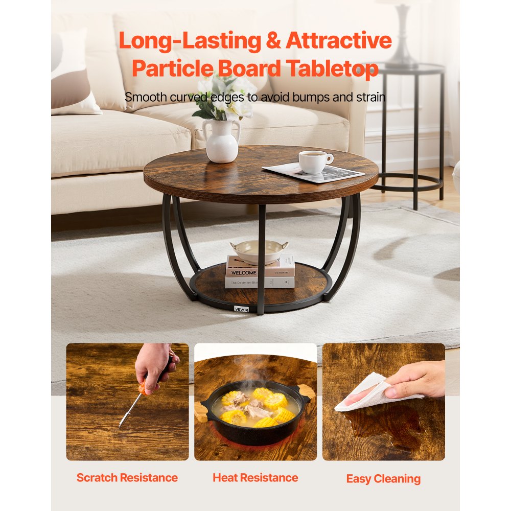 VEVOR Couchtisch Beistelltisch rund, zweistufiger Beistelltisch Sofatisch mit Metallgestell & offenem Stauraum & 34,9 kg Tragkraft, minimalistischer Wohnzimmertisch Kaffeetisch rustikales Braun