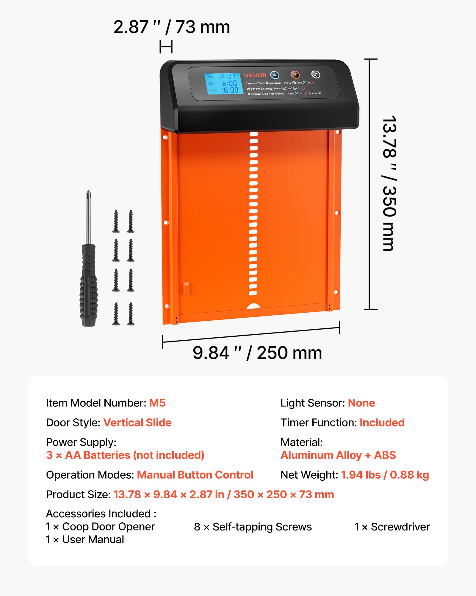 VEVOR Automatische Hühnerklappe, Hühnerstalltür mit Timer, manueller Einstellung & Einklemmschutz, Hühnertür, Hühnerauslauf-Toröffner mit wasserdichter Versiegelung, orange, 350x250x73 mm