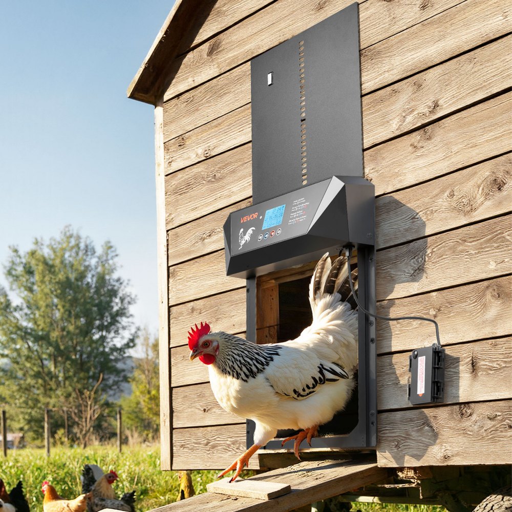 VEVOR Automatic Chicken Coop Door, DC & Battery Powered Chicken Door with LCD Display, Light Sensor, Timer & Manual Setting, Anti-Pinch Security, Durable Aluminum Alloy, Chick Run Gate Opener for Farm