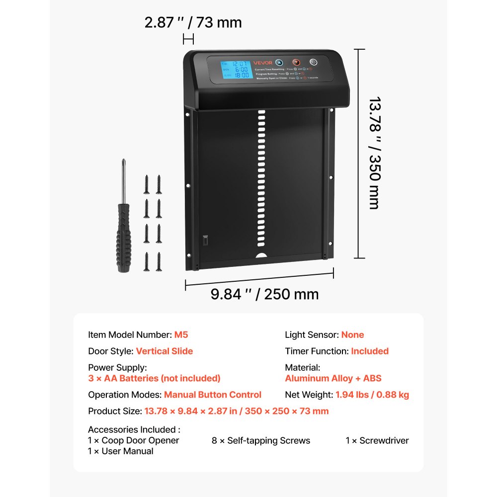 VEVOR Automatische Hühnerklappe, Hühnerstalltür mit Timer, manueller Einstellung & Einklemmschutz, Elektrischer Hühnerauslauf-Toröffner mit wasserdichter Versiegelung, Schwarz, 350x250x73 mm