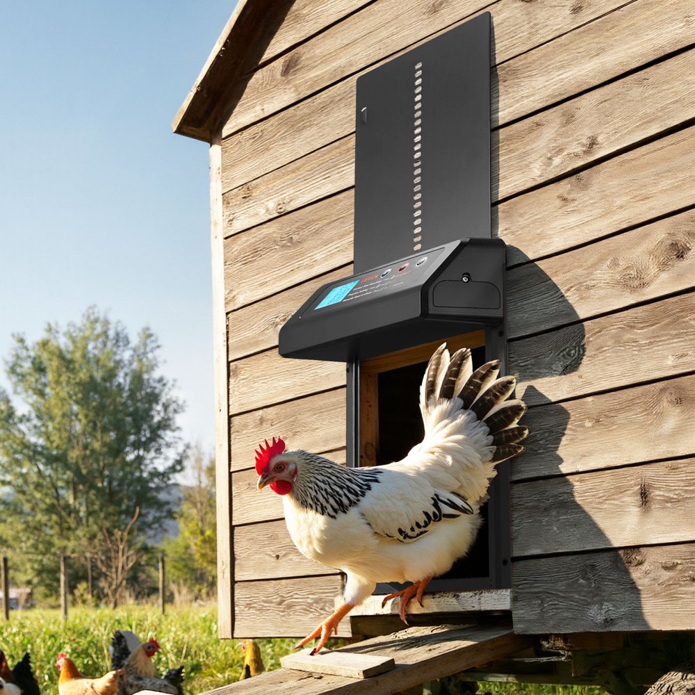 VEVOR Automatische Hühnerklappe, Hühnerstalltür mit Timer, manueller Einstellung & Einklemmschutz, Elektrischer Hühnerauslauf-Toröffner mit wasserdichter Versiegelung, Schwarz, 350x250x73 mm