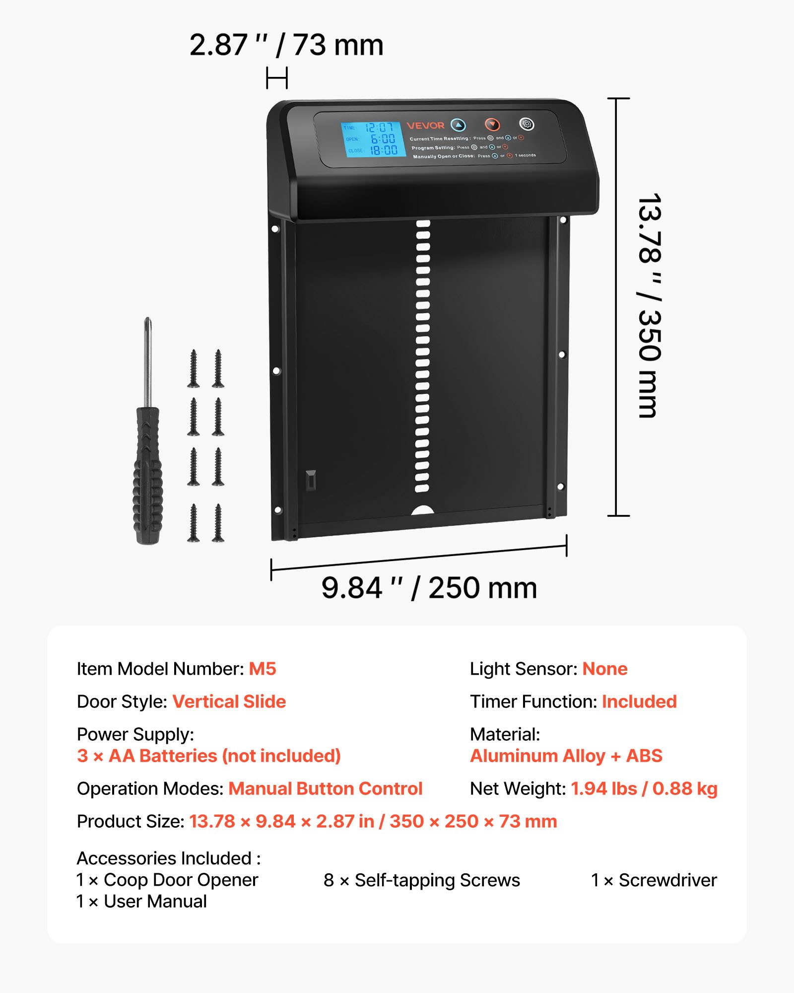 VEVOR Automatische Hühnerklappe, Hühnerstalltür mit Timer, manueller Einstellung & Einklemmschutz, Elektrischer Hühnerauslauf-Toröffner mit wasserdichter Versiegelung, Schwarz, 350x250x73 mm