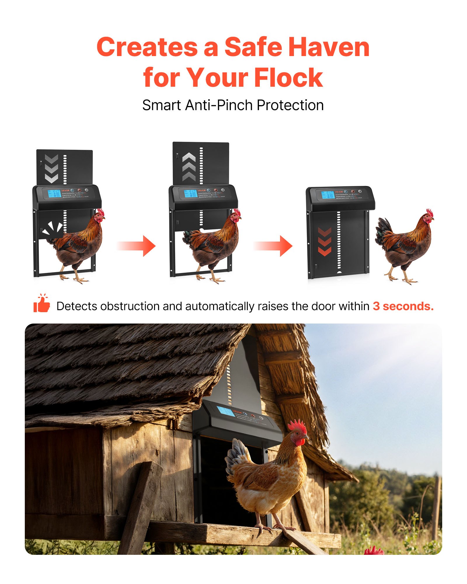 VEVOR Automatic Chicken Coop Door, Battery Powered Chicken Coop Door with Timer & Manual Setting, Anti-Pinch Security, Durable Aluminum Alloy, Auto Chick Run Gate Opener with Waterproof Sealing, Black