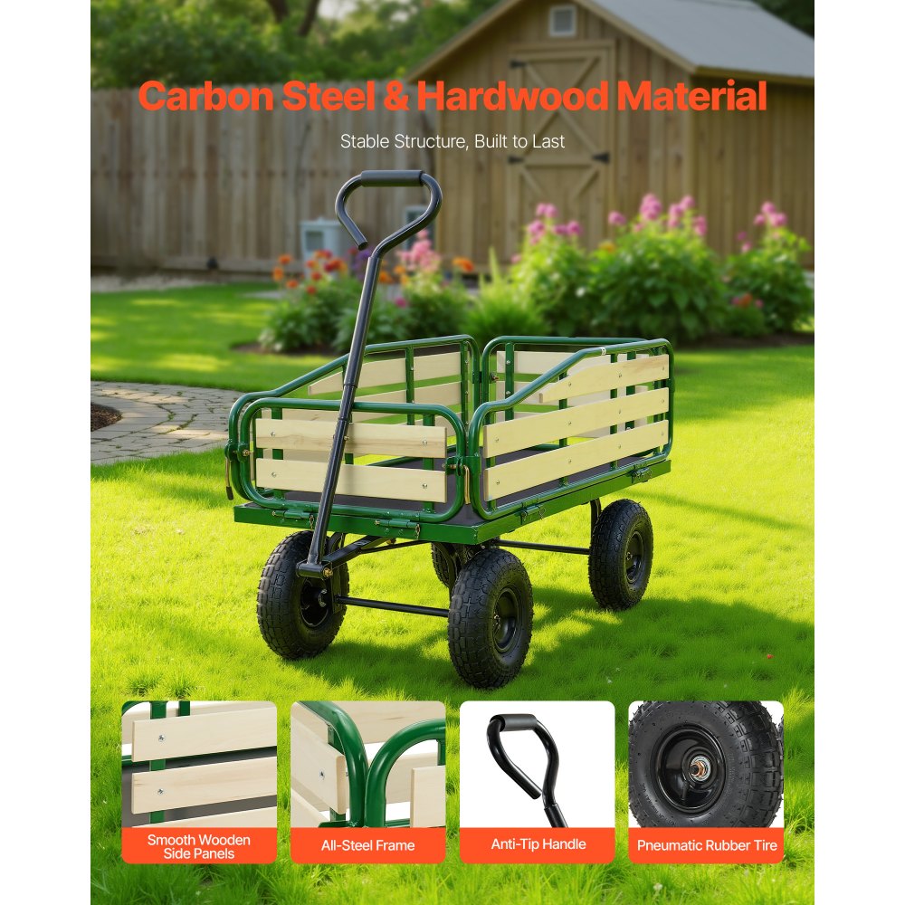 VEVOR Handwagen für Kinder, 118 cm Bollerwagen, Transportwagen mit Schiebestange, aus Holz & Metal, max. 250 kg tragbar, ideal für Kinder ab 5 Jahren, Garten, Ausflüge & Strand, Farbe Grün & Schwarz