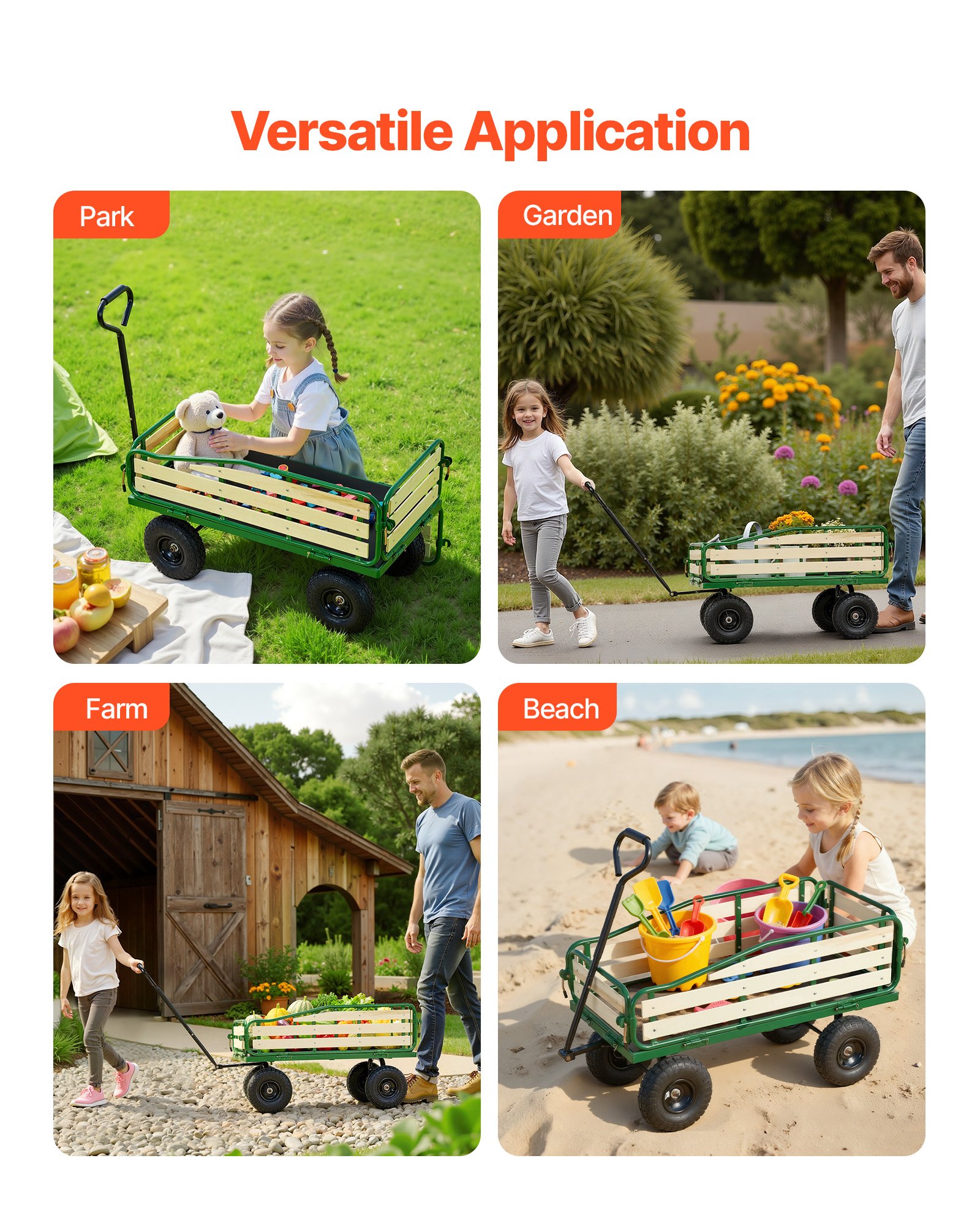 VEVOR Handwagen für Kinder, 118 cm Bollerwagen, Transportwagen mit Schiebestange, aus Holz & Metal, max. 250 kg tragbar, ideal für Kinder ab 5 Jahren, Garten, Ausflüge & Strand, Farbe Grün & Schwarz