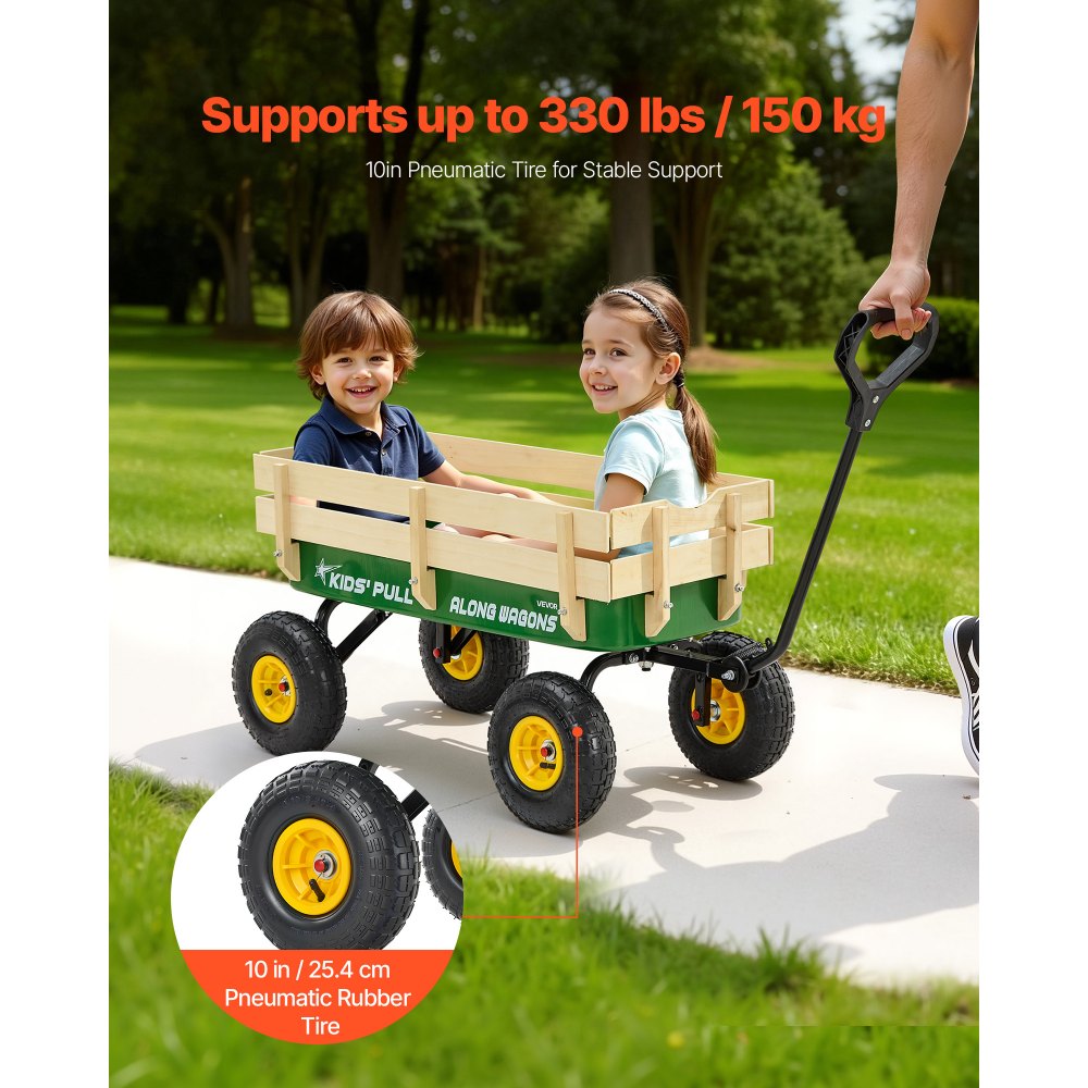 VEVOR Pull-Along Wagon for Kids, 101cm Toddler Wagons with Wooden Panels & Handle, Supports up to 150kg, All-Terrain Utility Wagon Cart Birthday Present for Kids Gardening Beach, Green