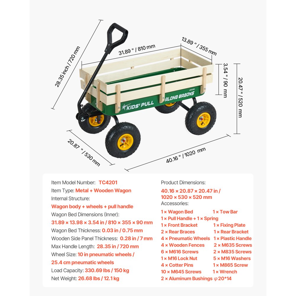 VEVOR Pull-Along Wagon for Kids, 101cm Toddler Wagons with Wooden Panels & Handle, Supports up to 150kg, All-Terrain Utility Wagon Cart Birthday Present for Kids Gardening Beach, Green