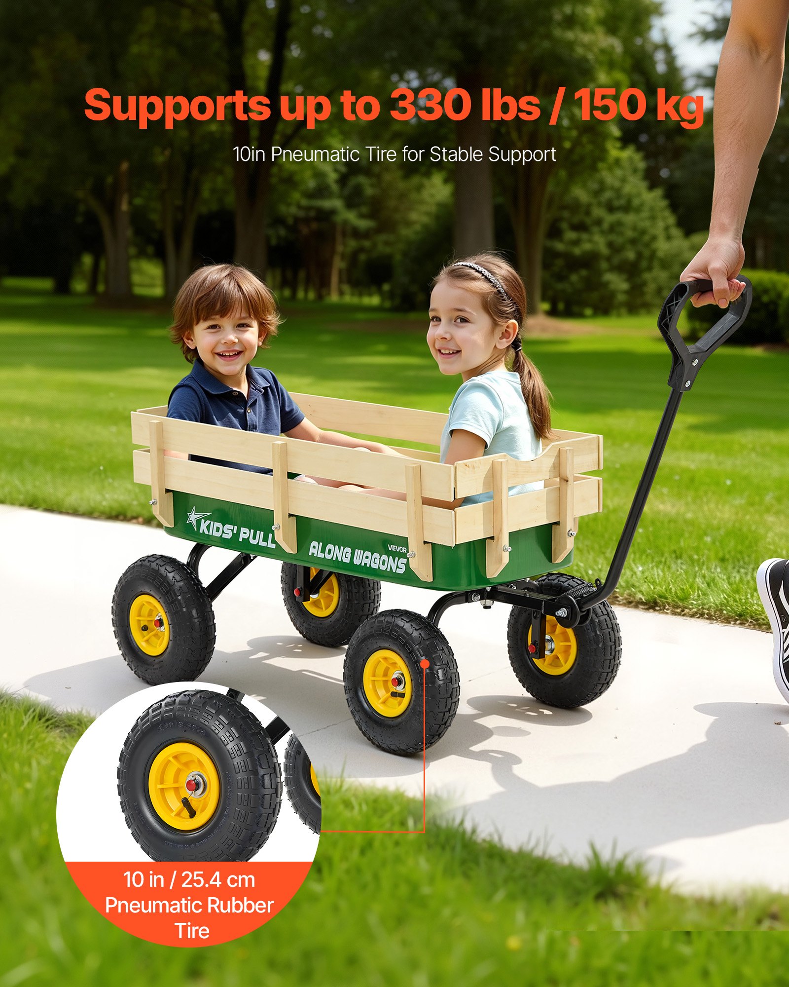 VEVOR Pull-Along Wagon for Kids, 101cm Toddler Wagons with Wooden Panels & Handle, Supports up to 150kg, All-Terrain Utility Wagon Cart Birthday Present for Kids Gardening Beach, Green