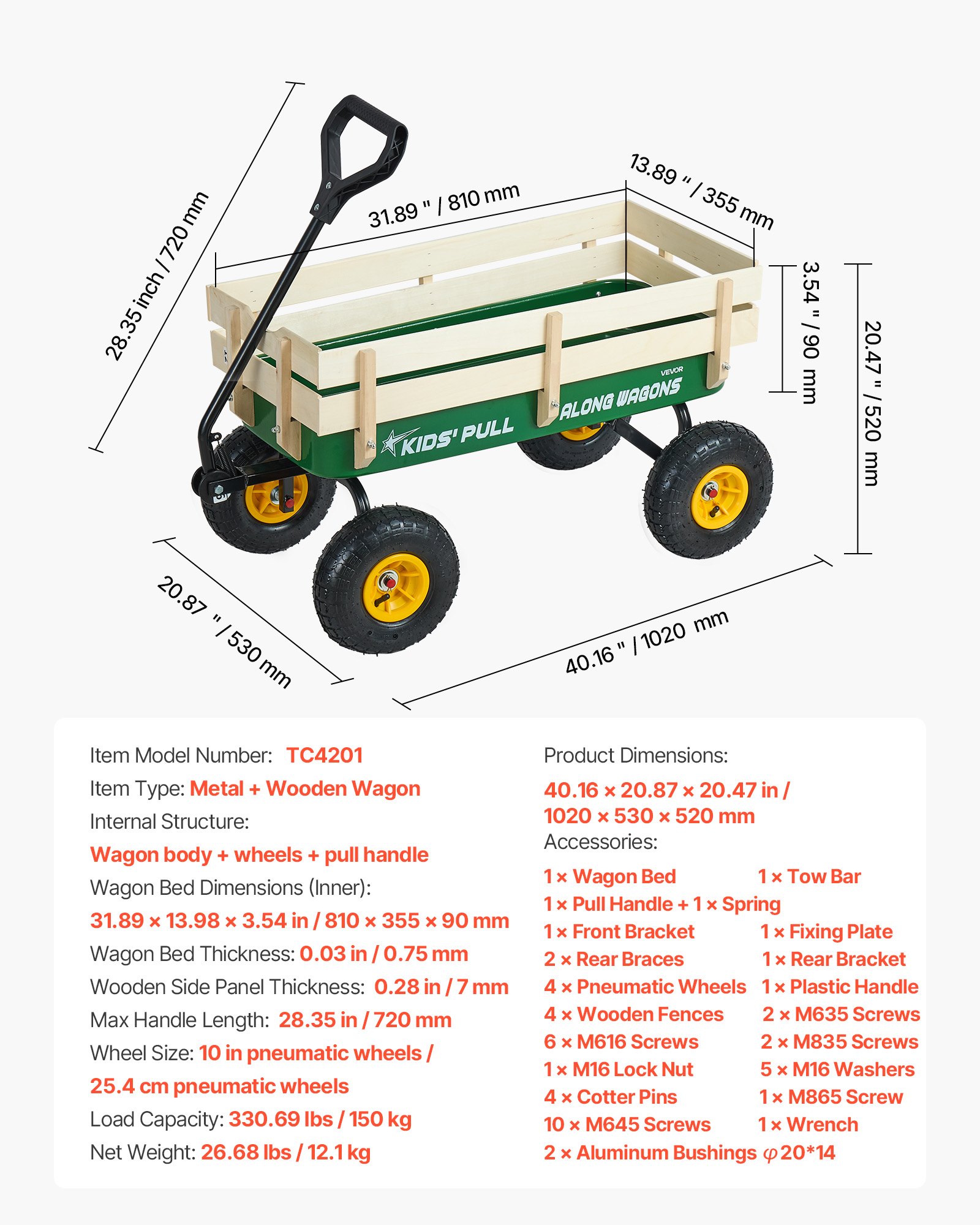 VEVOR Pull-Along Wagon for Kids, 101cm Toddler Wagons with Wooden Panels & Handle, Supports up to 150kg, All-Terrain Utility Wagon Cart Birthday Present for Kids Gardening Beach, Green