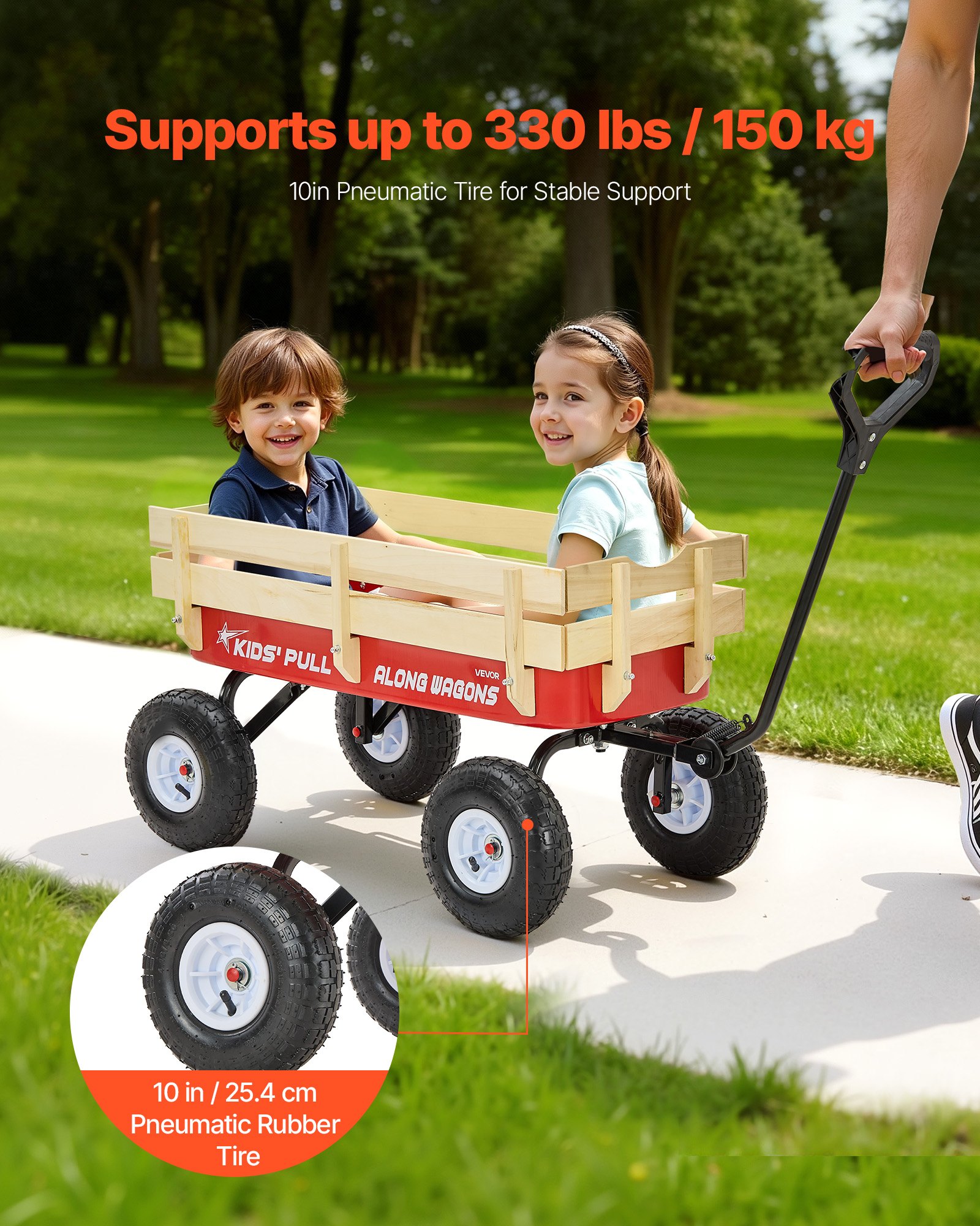 VEVOR Handwagen für Kinder, 102 cm Bollerwagen, Transportwagen mit Schiebestange, aus Holz & Metal, max. 150 kg tragbar, ideal für Kinder ab 5 Jahren, Garten, Ausflüge & Strand, Farbe Rot & Schwarz