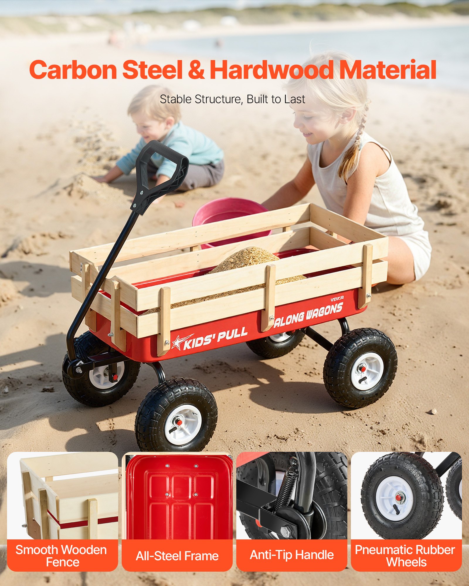 VEVOR Handwagen für Kinder, 102 cm Bollerwagen, Transportwagen mit Schiebestange, aus Holz & Metal, max. 150 kg tragbar, ideal für Kinder ab 5 Jahren, Garten, Ausflüge & Strand, Farbe Rot & Schwarz