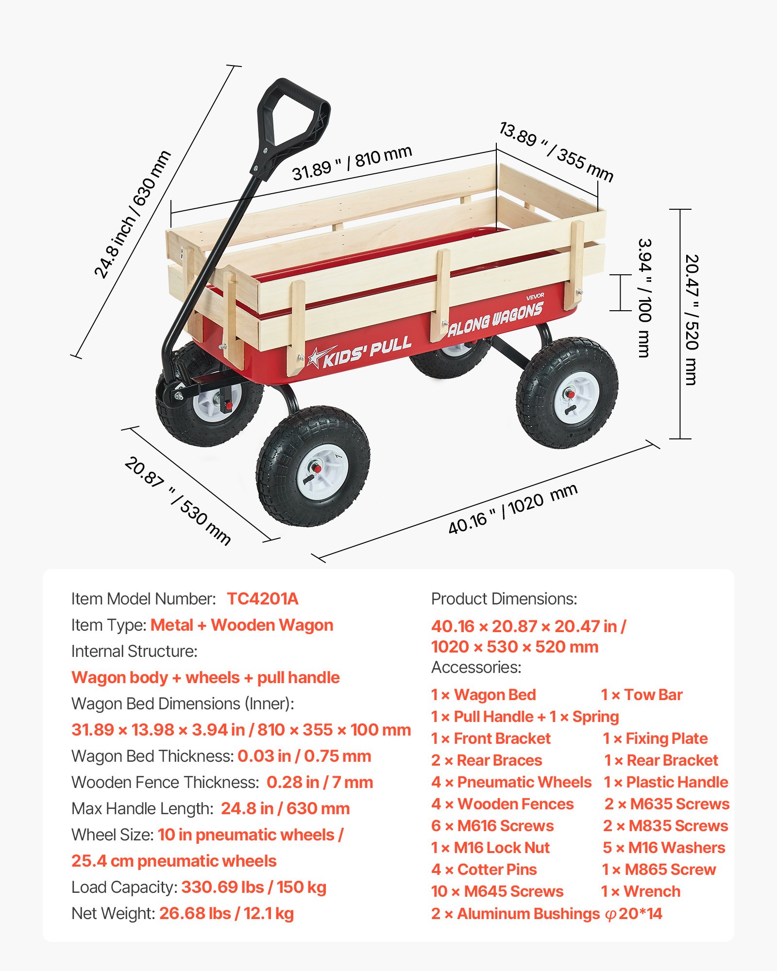 VEVOR Handwagen für Kinder, 102 cm Bollerwagen, Transportwagen mit Schiebestange, aus Holz & Metal, max. 150 kg tragbar, ideal für Kinder ab 5 Jahren, Garten, Ausflüge & Strand, Farbe Rot & Schwarz