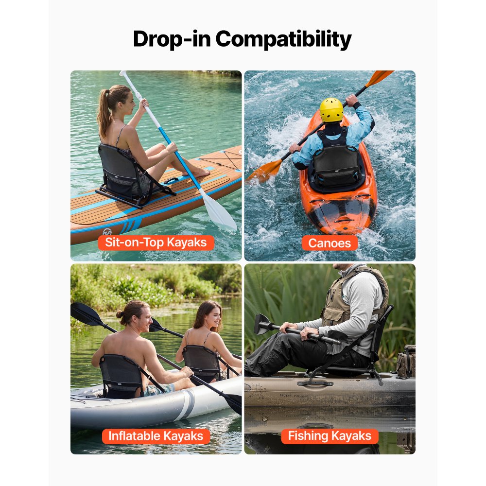 VEVOR Kayak Seat, 1 Pack 34 mm Raised Height, Universal Foldable Canoe Seat with Adjustable Back Support, Adjustable Straps, and Aluminum Alloy Frame for Sit-on-Top/Fishing/Inflatable Kayaks & Canoes