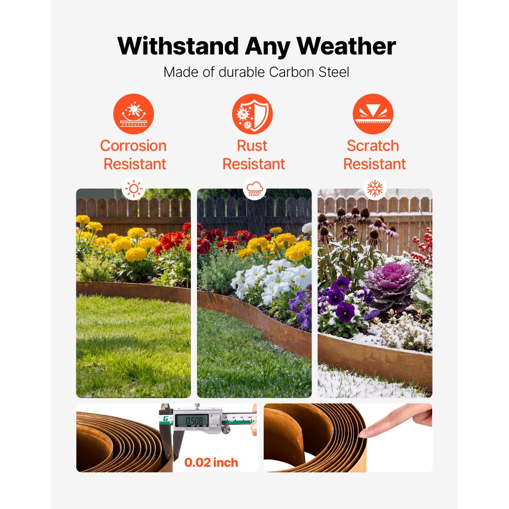 VEVOR Rasenkante Kohlenstoffstahl, 10 m x 14 cm Beeteinfassung inkl. Handschuhen, Metall Gartenpalisade, Mähkante, Beetumrandung zur Gartengestaltung, Beetbegrenzung für Blumenbeete & Gartenwege