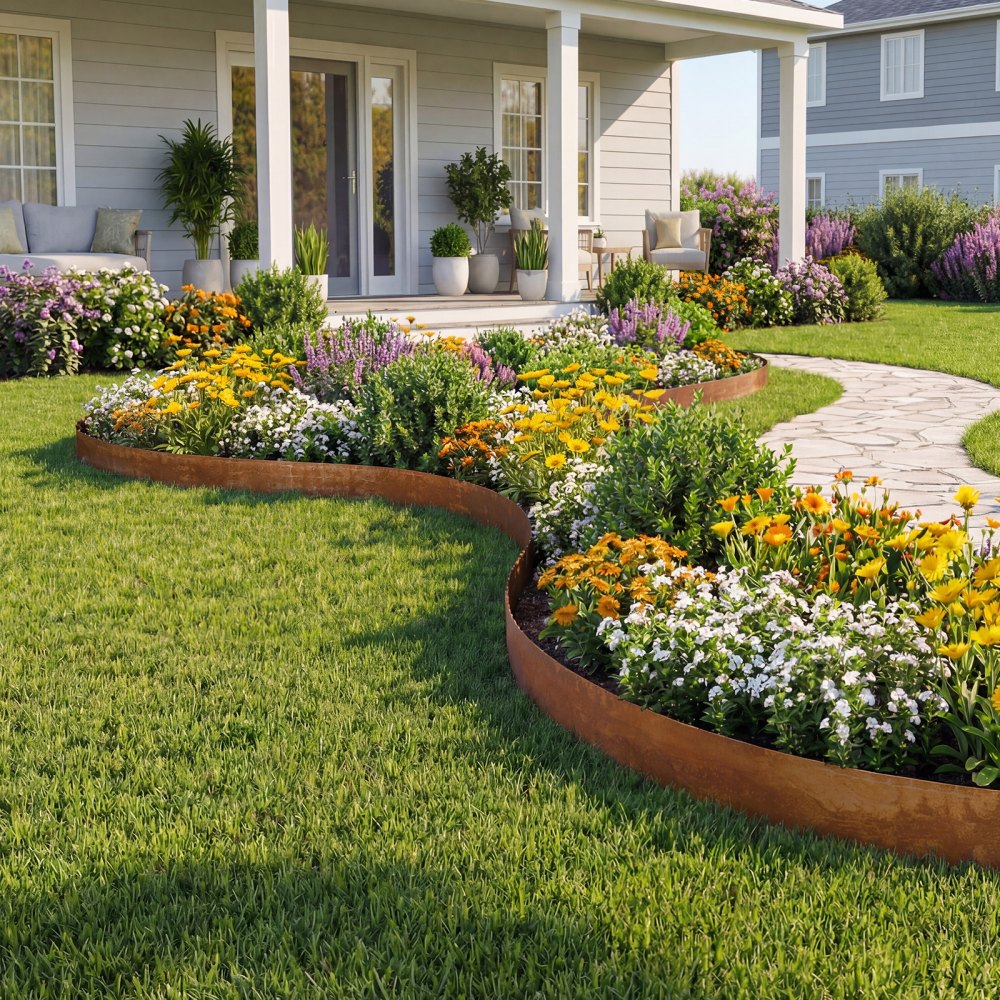 VEVOR Rasenkante Kohlenstoffstahl, 10 m x 14 cm Beeteinfassung inkl. Handschuhen, Metall Gartenpalisade, Mähkante, Beetumrandung zur Gartengestaltung, Beetbegrenzung für Blumenbeete & Gartenwege