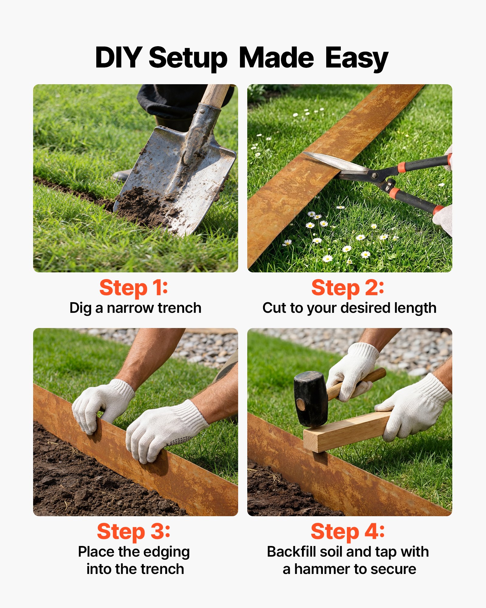 VEVOR Rasenkante Kohlenstoffstahl, 10 m x 14 cm Beeteinfassung inkl. Handschuhen, Metall Gartenpalisade, Mähkante, Beetumrandung zur Gartengestaltung, Beetbegrenzung für Blumenbeete & Gartenwege