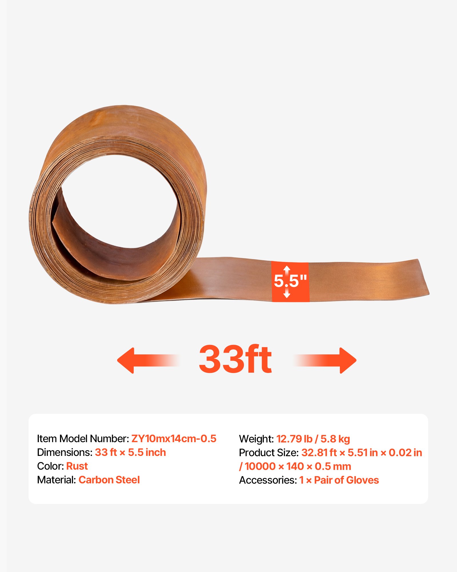 VEVOR Rasenkante Kohlenstoffstahl, 10 m x 14 cm Beeteinfassung inkl. Handschuhen, Metall Gartenpalisade, Mähkante, Beetumrandung zur Gartengestaltung, Beetbegrenzung für Blumenbeete & Gartenwege