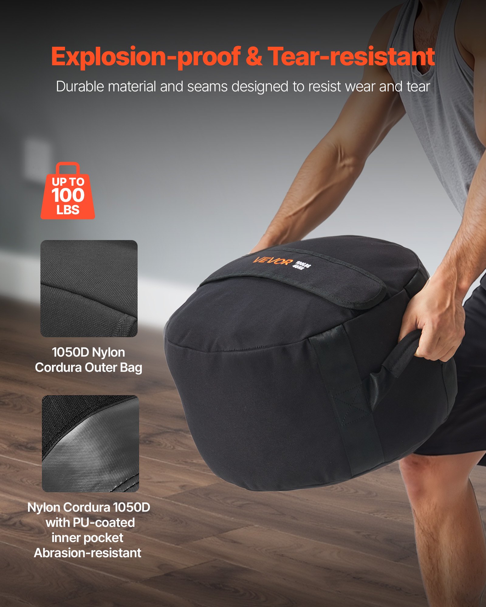 VEVOR Workout Sandbag, Heavy Duty Workout Power Bags with Handles, 45 kg Slam Bag for Fitness Strength Weight Training Cross-Training, Home Gym Exercise, Black (Unfilled)