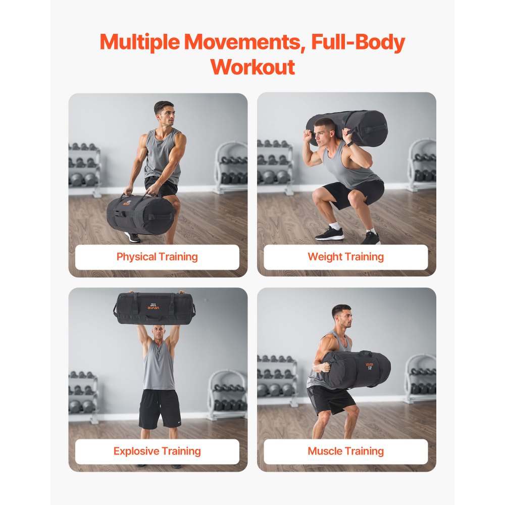 VEVOR Workout-Sandsack, strapazierfähige Powerbags Sandsack-Trainingstasche mit Griffen, 23-56 kg für Fitness-Krafttraining, Cross-Training, Fitnessstudio-Übungen, Schwarz (ungefüllt)