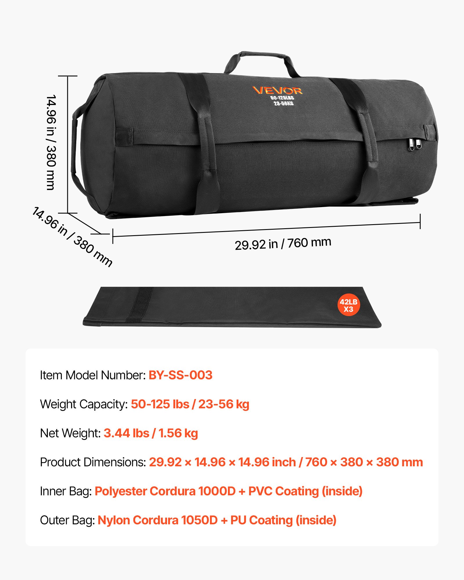 VEVOR Workout-Sandsack, strapazierfähige Powerbags Sandsack-Trainingstasche mit Griffen, 23-56 kg für Fitness-Krafttraining, Cross-Training, Fitnessstudio-Übungen, Schwarz (ungefüllt)