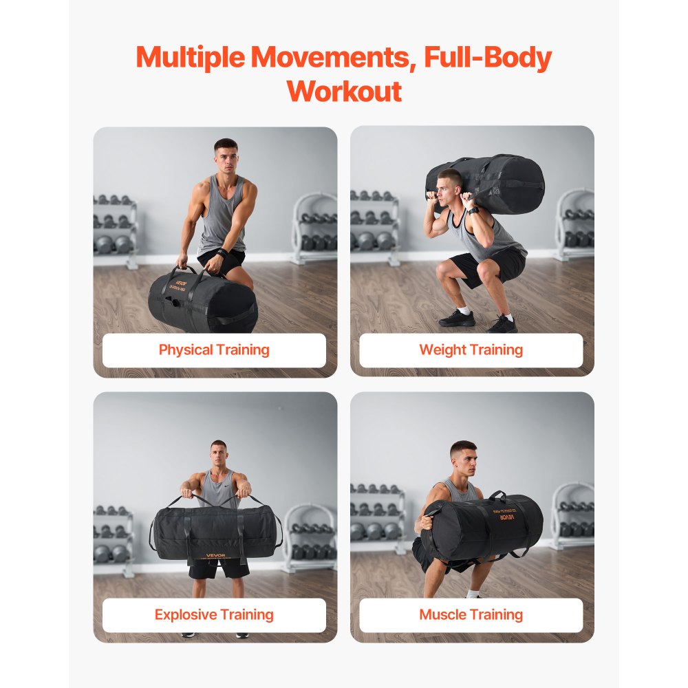 VEVOR Workout-Sandsack, strapazierfähige Powerbags Sandsack-Trainingstasche mit Griffen, einstellbar 56-90 kg für Fitness-Krafttraining, Cross-Training, Fitnessstudio-Übungen, Schwarz (ungefüllt)