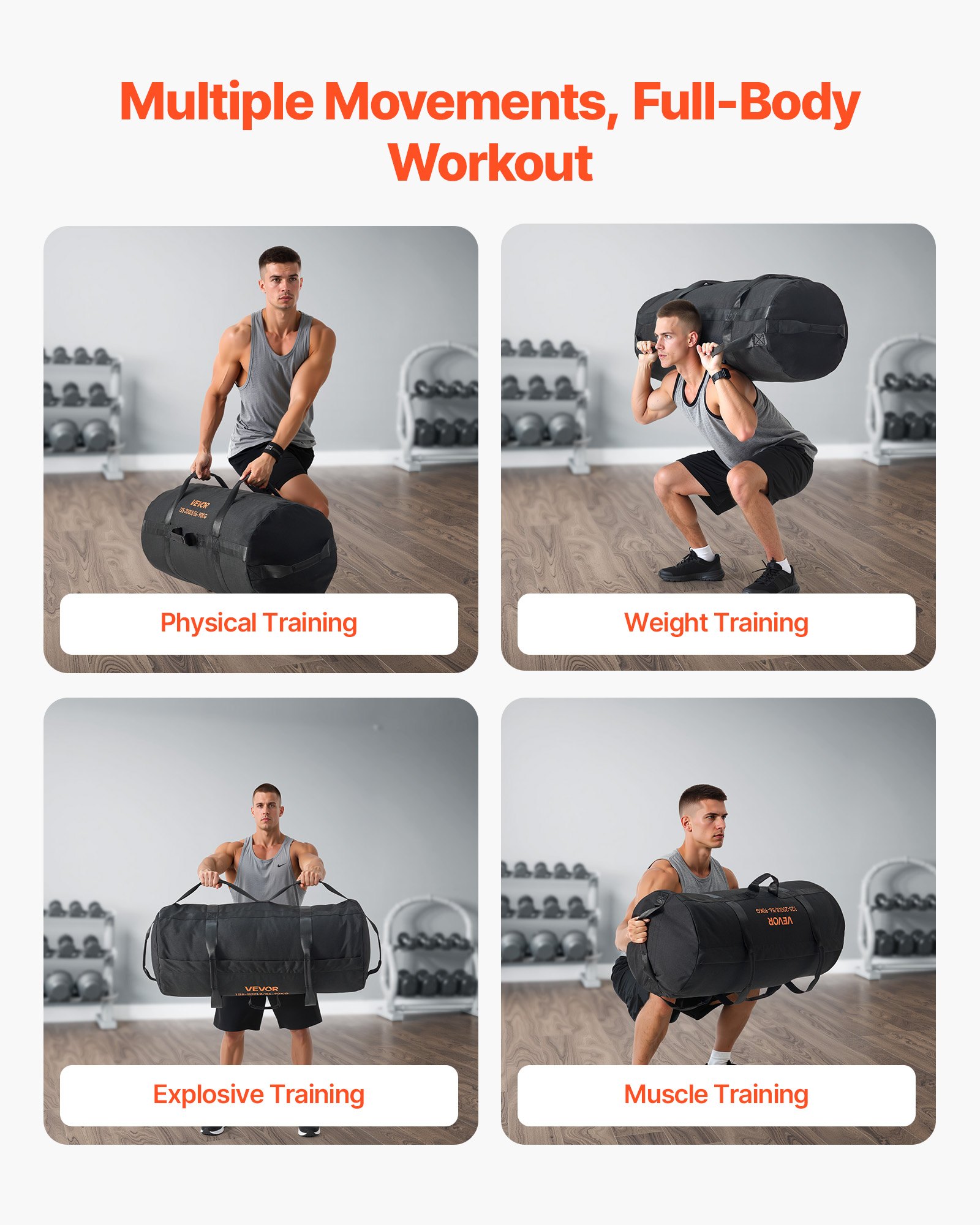 VEVOR Workout-Sandsack, strapazierfähige Powerbags Sandsack-Trainingstasche mit Griffen, einstellbar 56-90 kg für Fitness-Krafttraining, Cross-Training, Fitnessstudio-Übungen, Schwarz (ungefüllt)