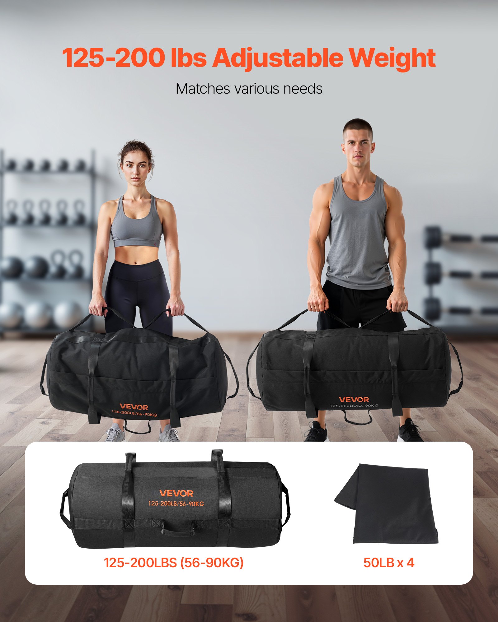 VEVOR Workout-Sandsack, strapazierfähige Powerbags Sandsack-Trainingstasche mit Griffen, einstellbar 56-90 kg für Fitness-Krafttraining, Cross-Training, Fitnessstudio-Übungen, Schwarz (ungefüllt)