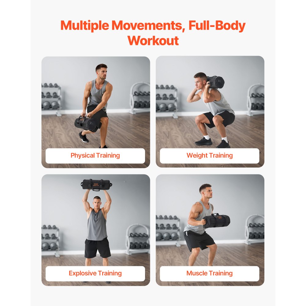 VEVOR Workout-Sandsack, strapazierfähige Powerbags Sandsack-Trainingstasche mit Griffen, verstellbar 2-11 kg für Fitness-Krafttraining, Cross-Training, Fitnessstudio-Übungen, Schwarz (ungefüllt)