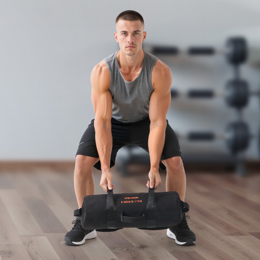 VEVOR Workout-Sandsack, strapazierfähige Powerbags Sandsack-Trainingstasche mit Griffen, verstellbar 2-11 kg für Fitness-Krafttraining, Cross-Training, Fitnessstudio-Übungen, Schwarz (ungefüllt)