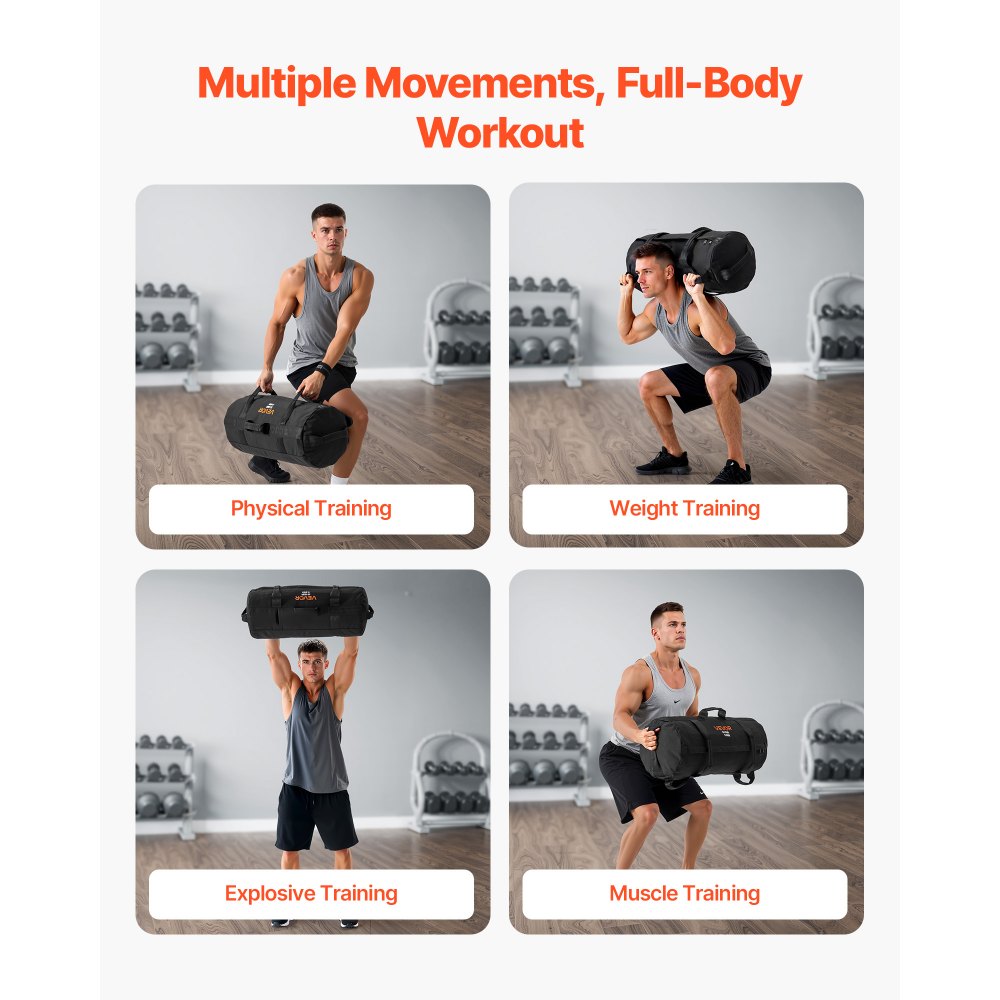 VEVOR Workout-Sandsack, strapazierfähige Powerbags Sandsack-Trainingstasche mit Griffen, einstellbar 11-34 kg für Fitness-Krafttraining, Cross-Training, Fitnessstudio-Übungen, Schwarz (ungefüllt)