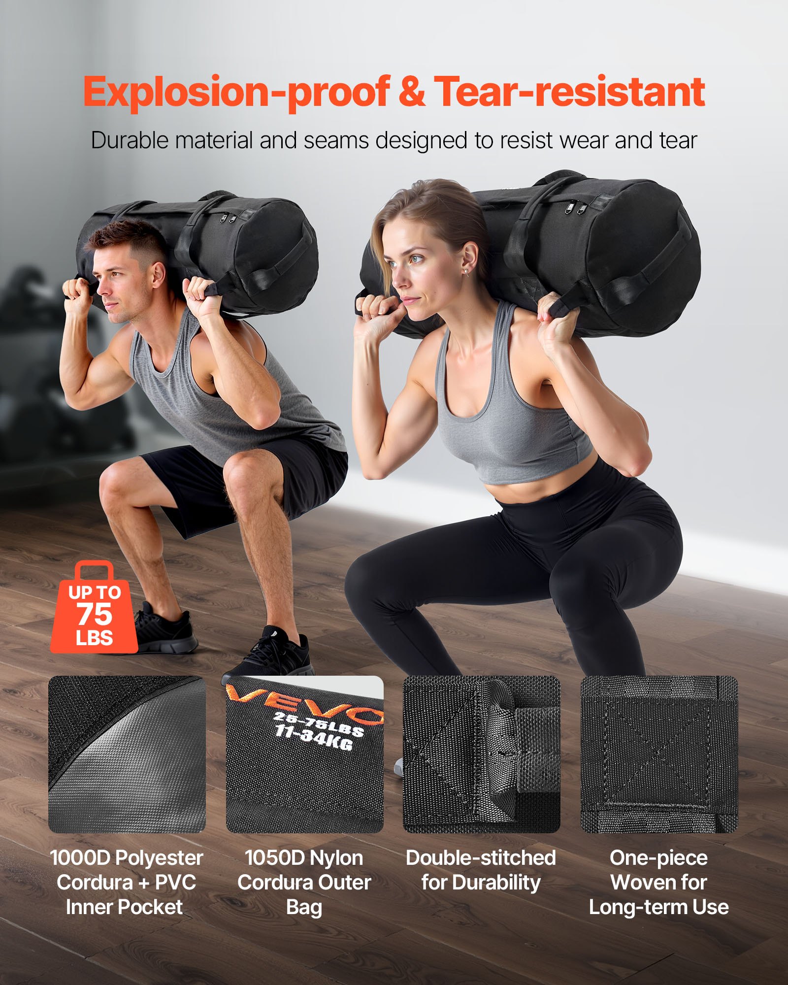 VEVOR Workout-Sandsack, strapazierfähige Powerbags Sandsack-Trainingstasche mit Griffen, einstellbar 11-34 kg für Fitness-Krafttraining, Cross-Training, Fitnessstudio-Übungen, Schwarz (ungefüllt)