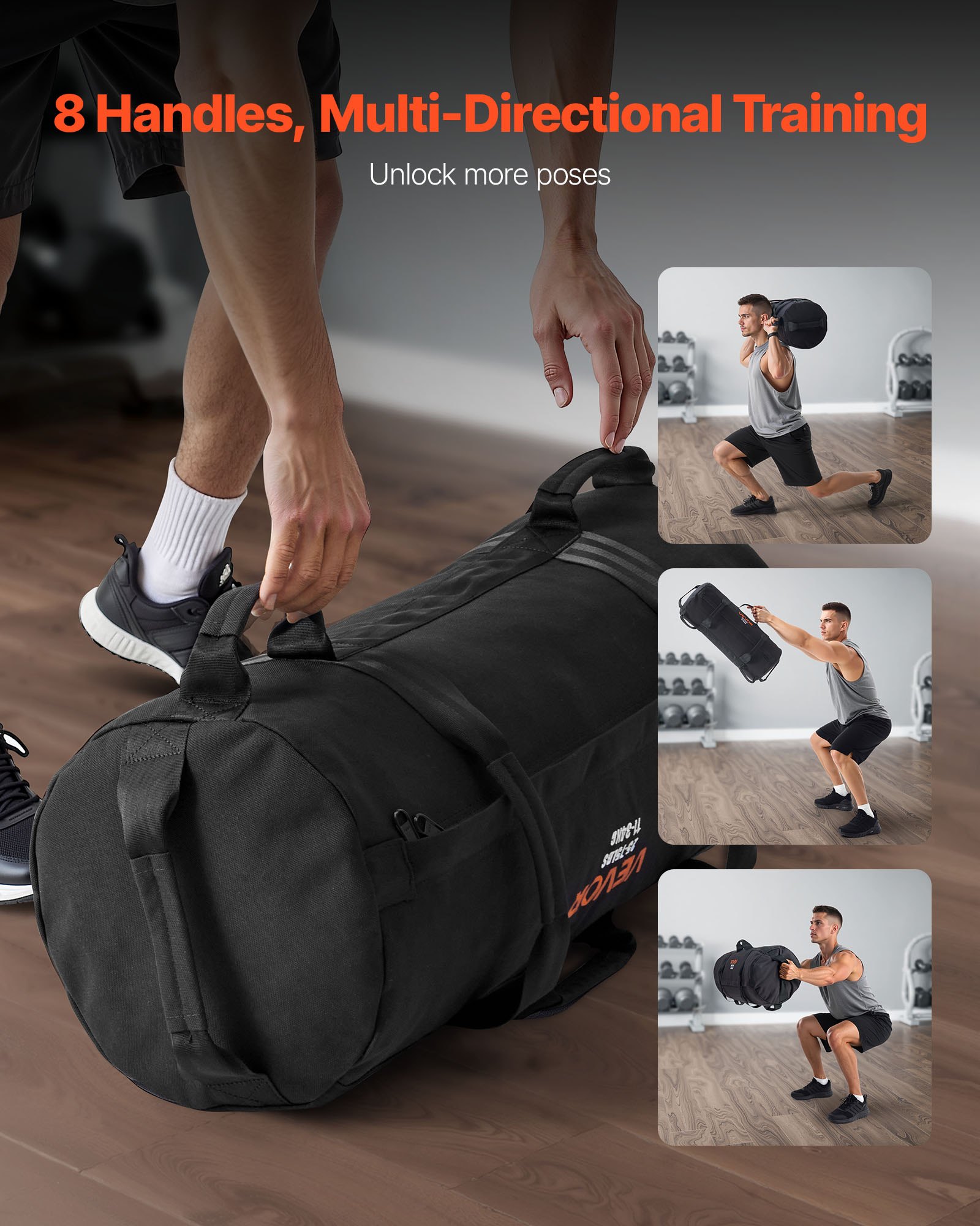 VEVOR Workout-Sandsack, strapazierfähige Powerbags Sandsack-Trainingstasche mit Griffen, einstellbar 11-34 kg für Fitness-Krafttraining, Cross-Training, Fitnessstudio-Übungen, Schwarz (ungefüllt)