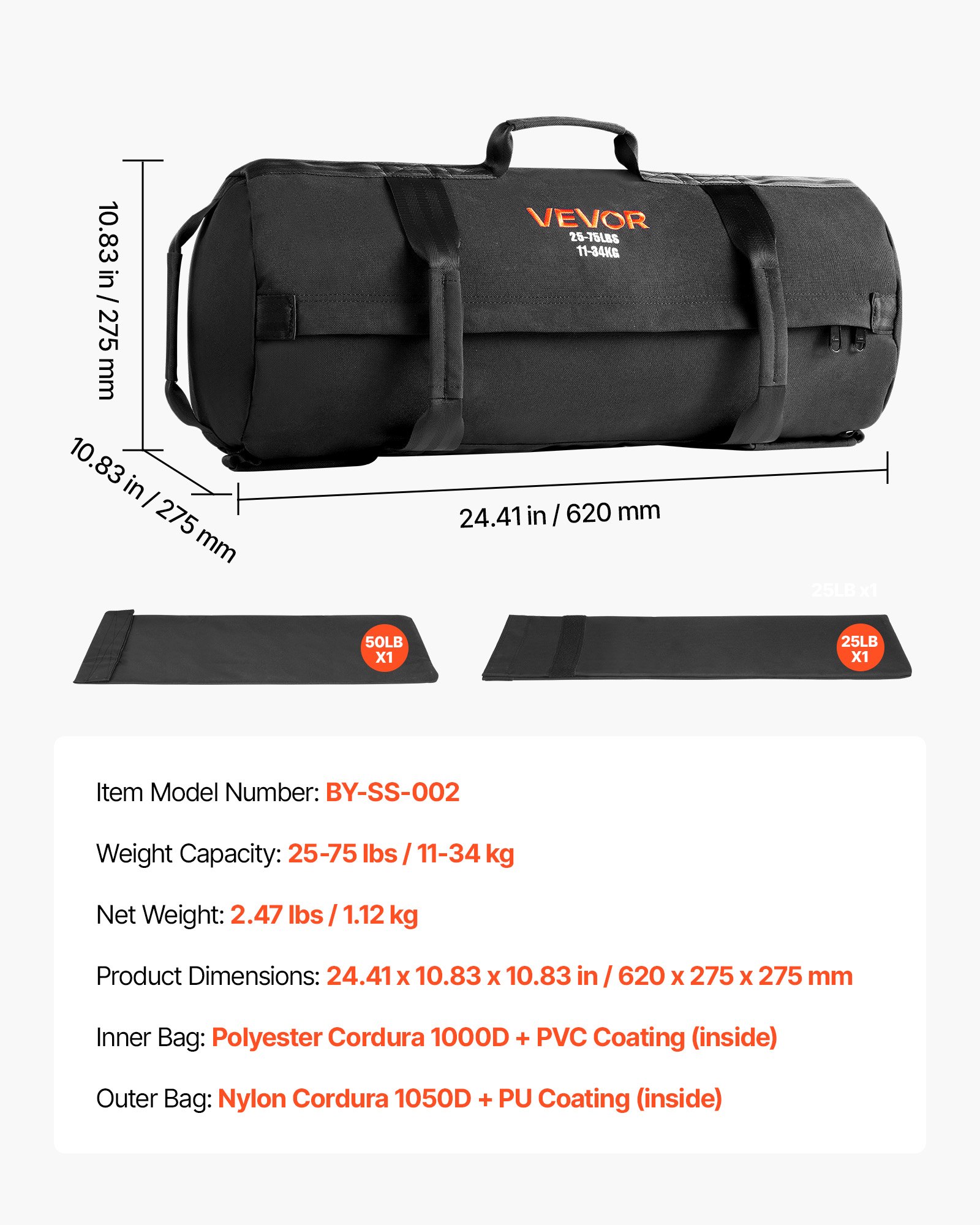 VEVOR Workout-Sandsack, strapazierfähige Powerbags Sandsack-Trainingstasche mit Griffen, einstellbar 11-34 kg für Fitness-Krafttraining, Cross-Training, Fitnessstudio-Übungen, Schwarz (ungefüllt)