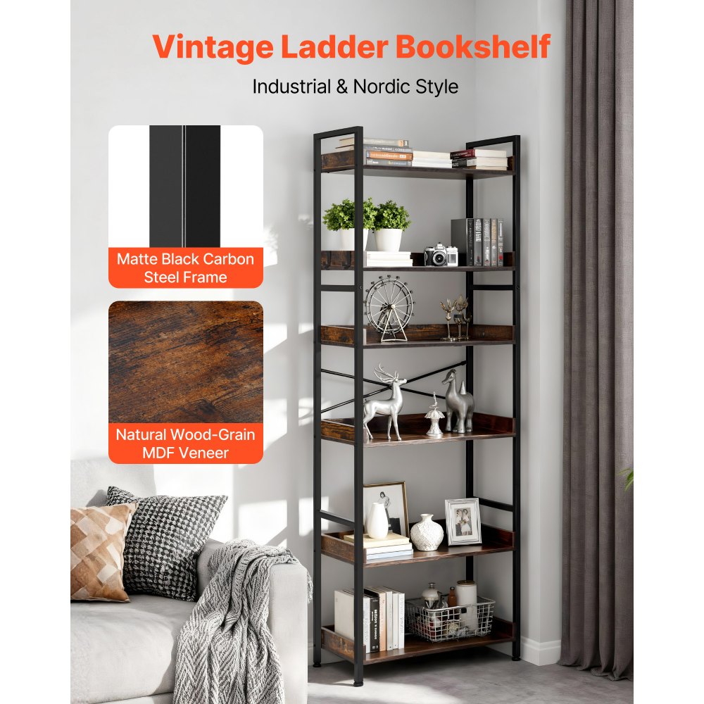 VEVOR Industrie-Bücherregal, 6-stufig, Vintage-Leiterregal mit Metallrahmen, Bücherschrank mit offenen Fächern, Standregal für Wohnzimmer, Schlafzimmer, Küche, Homeoffice, Rustikales Braun