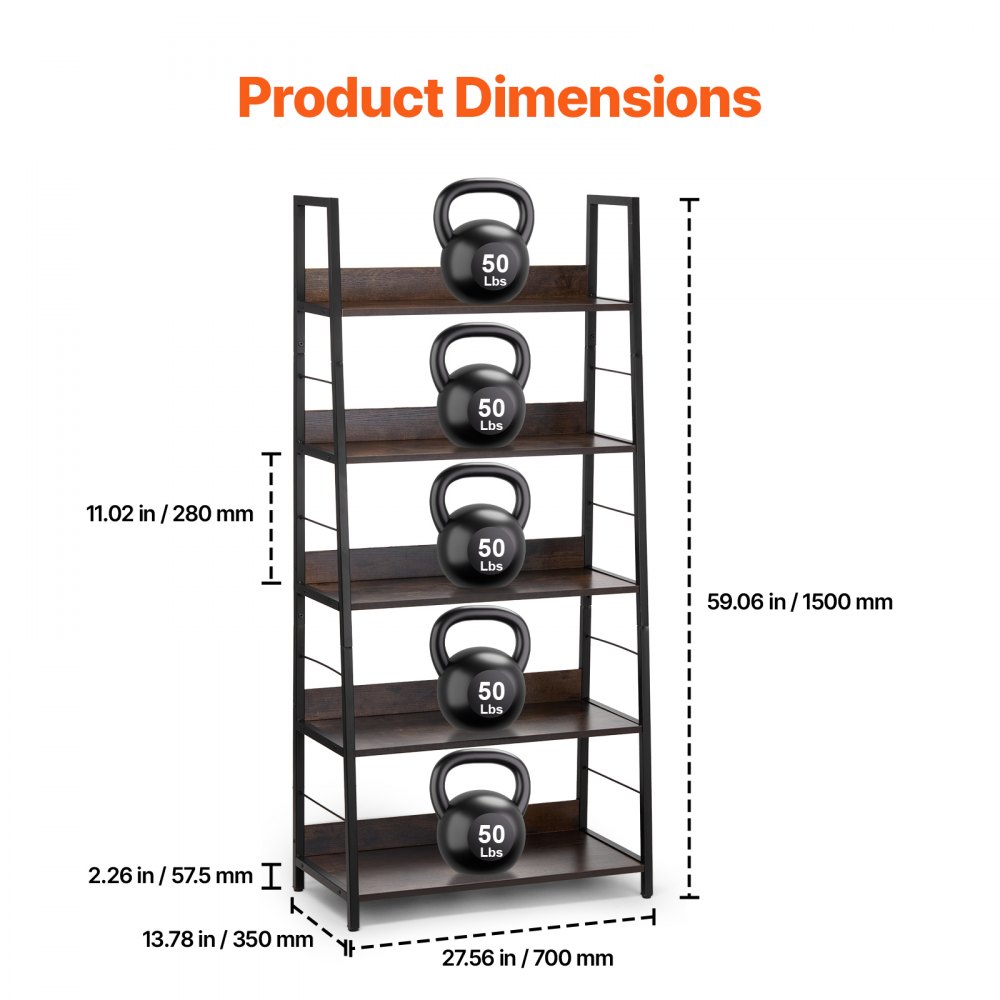 VEVOR Metal Bookshelf, 5-Tier Industrial Trapezoidal Bookshelf, Vintage Storage Bookshelf with Open Shelves, Freestanding Display Shelf, Storage Shelf 70x35x150cm