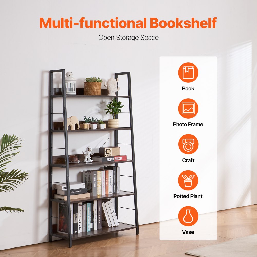 VEVOR Metal Bookshelf, 5-Tier Industrial Trapezoidal Bookshelf, Vintage Storage Bookshelf with Open Shelves, Freestanding Display Shelf, Storage Shelf 70x35x150cm