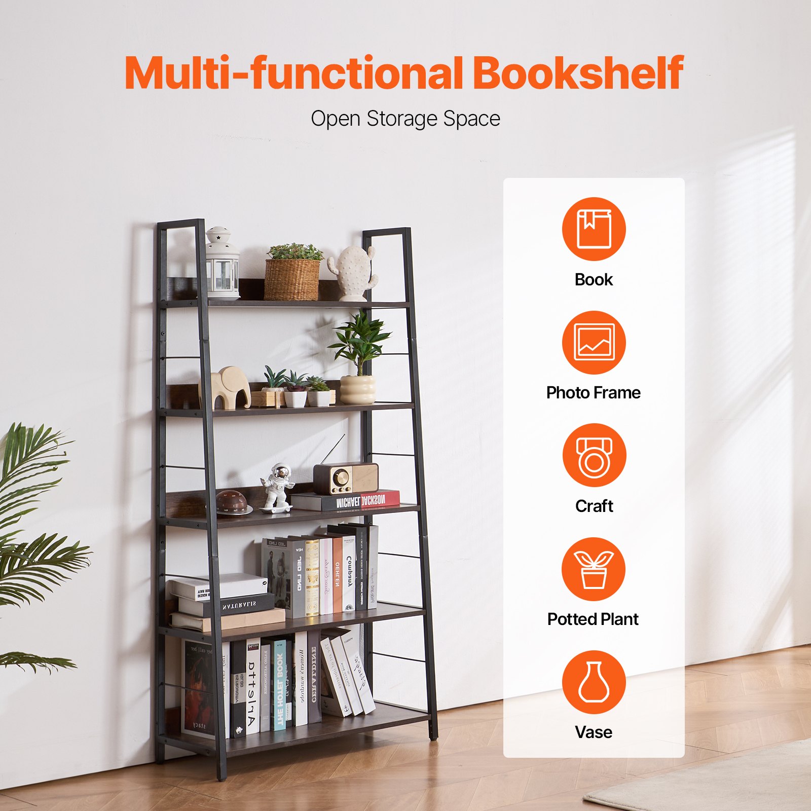 VEVOR Metal Bookshelf, 5-Tier Industrial Trapezoidal Bookshelf, Vintage Storage Bookshelf with Open Shelves, Freestanding Display Shelf, Storage Shelf 70x35x150cm