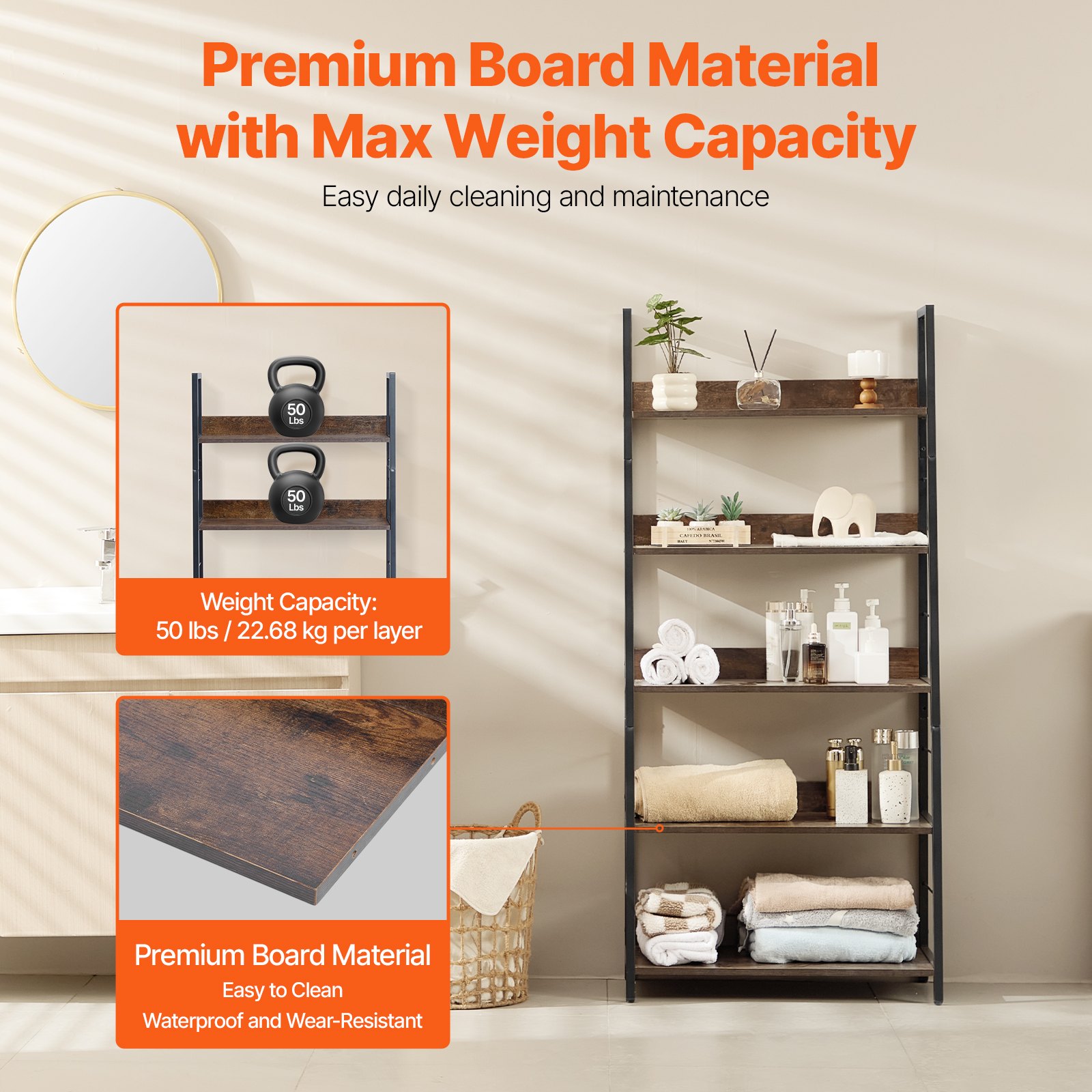 VEVOR Metal Bookshelf, 5-Tier Industrial Trapezoidal Bookshelf, Vintage Storage Bookshelf with Open Shelves, Freestanding Display Shelf, Storage Shelf 70x35x150cm