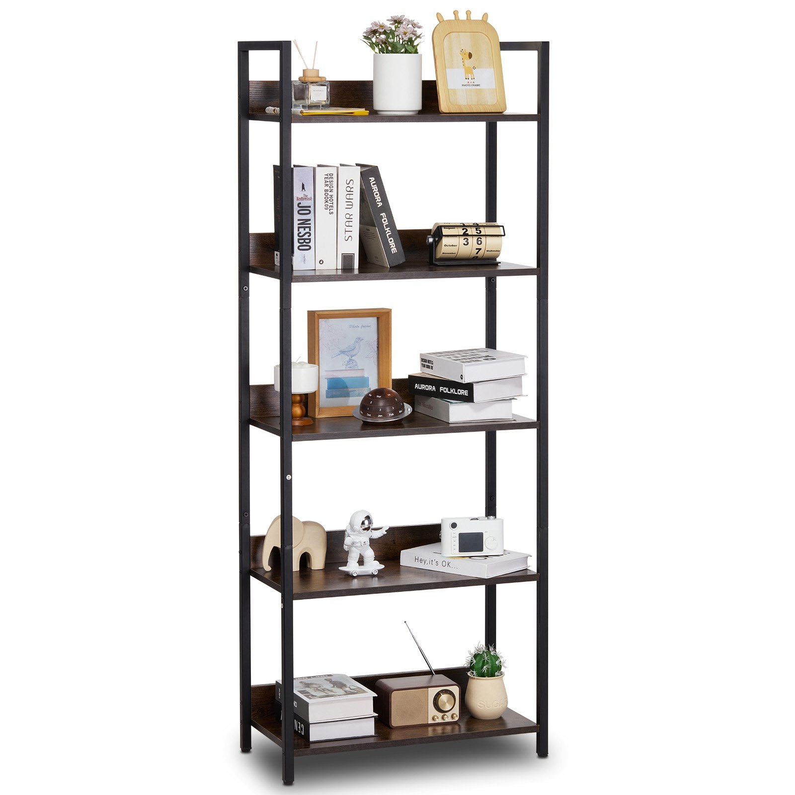 VEVOR Metal Bookshelf, 5-Tier Rectangular Industrial Bookshelf, Small Rustic Storage Shelf with Open Shelves, Freestanding Display Shelf, Storage Shelf, Bedroom