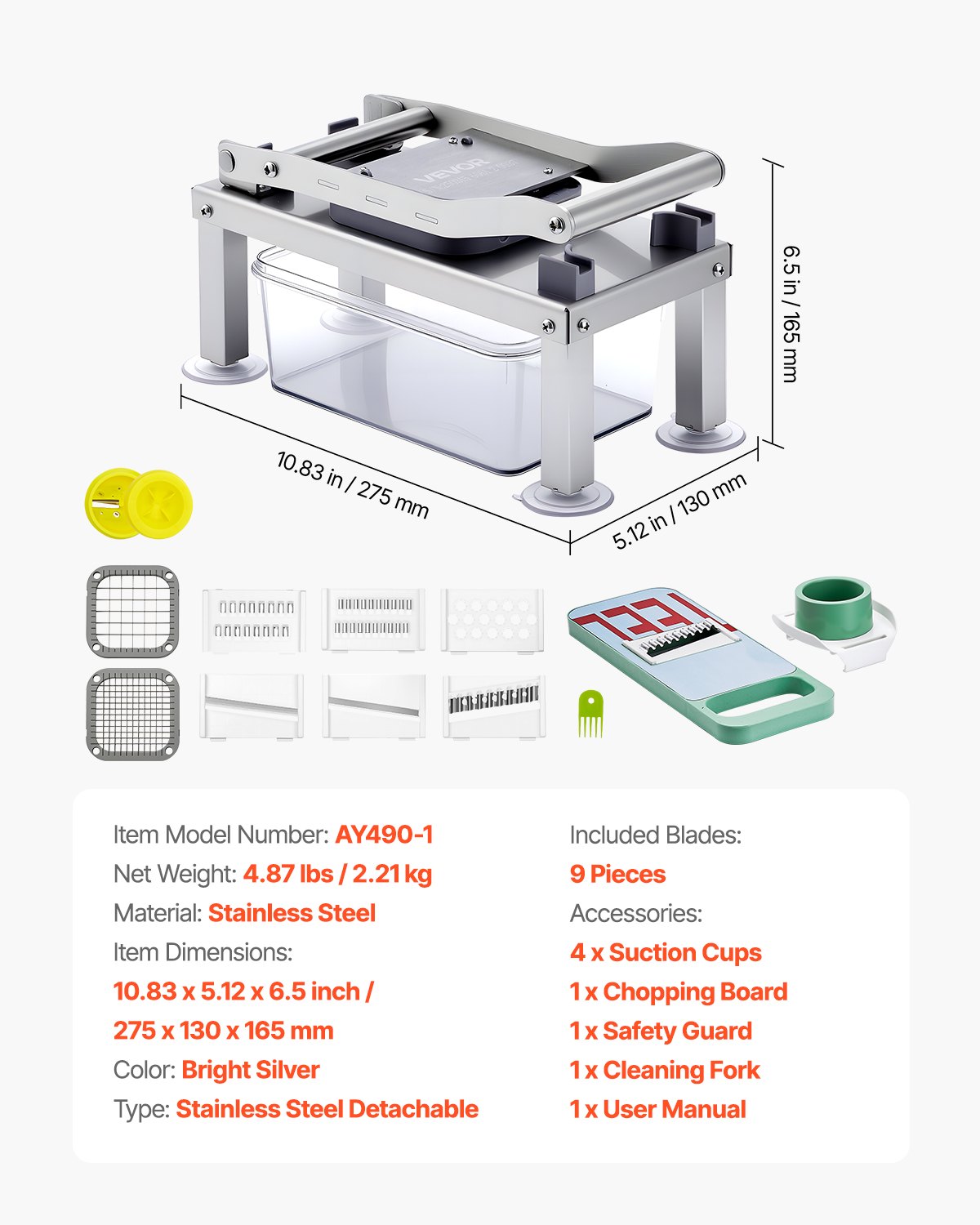 VEVOR Gemüseschneider, Mandolinenschneider, All-in-1-Multischneider mit 9 Klingen, Käsereibe, Zwiebel- & Kartoffelwürfelschneider mit Behälter, Salatspiralschneider, Küchenhelfer & -utensilien