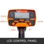 Orangefarbenes LCD-Bedienfeld des wasserdichten Metalldetektors von VEVOR mit beschrifteten Tasten.