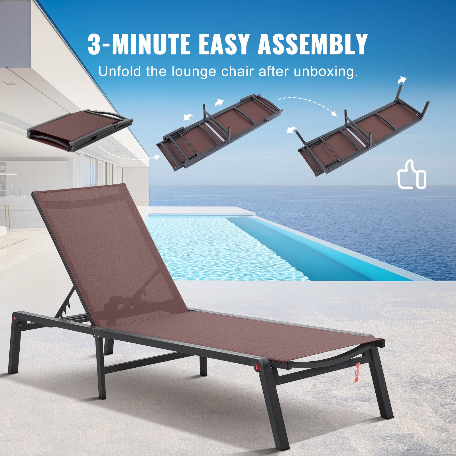 VEVOR Chaiselongue-Stühle für den Außenbereich, Aluminium-Terrassen-Liegestühle mit 5 verstellbaren Positionen, klappbare Pool-Liegestühle, Liegestühle und komplett flache Sonnenstühle für Terrasse, Strand, Pool, Braun, 2 Stück