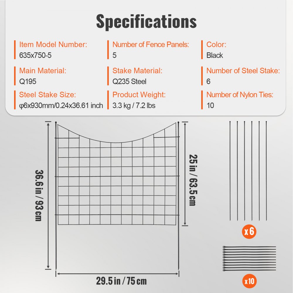 VEVOR 5er-Set Dekorativer Gartenzaun 75x93cm Metallzaun aus Kohlenstoffstahl Steckzaun 6,38cm Spike-Abstand Hundezaun Gitterzaun Beetzaun Zaun Metall Zaunelementen inkl. Befestigungsmaterial