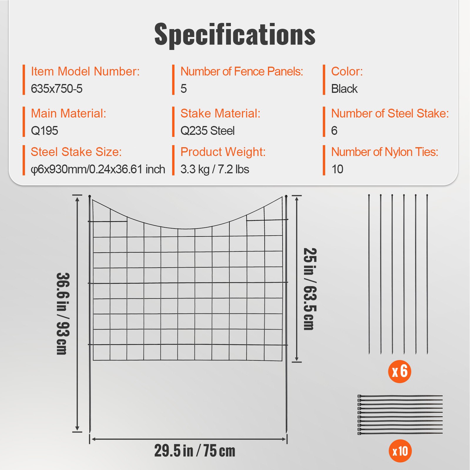 VEVOR 5er-Set Dekorativer Gartenzaun 75x93cm Metallzaun aus Kohlenstoffstahl Steckzaun 6,38cm Spike-Abstand Hundezaun Gitterzaun Beetzaun Zaun Metall Zaunelementen inkl. Befestigungsmaterial