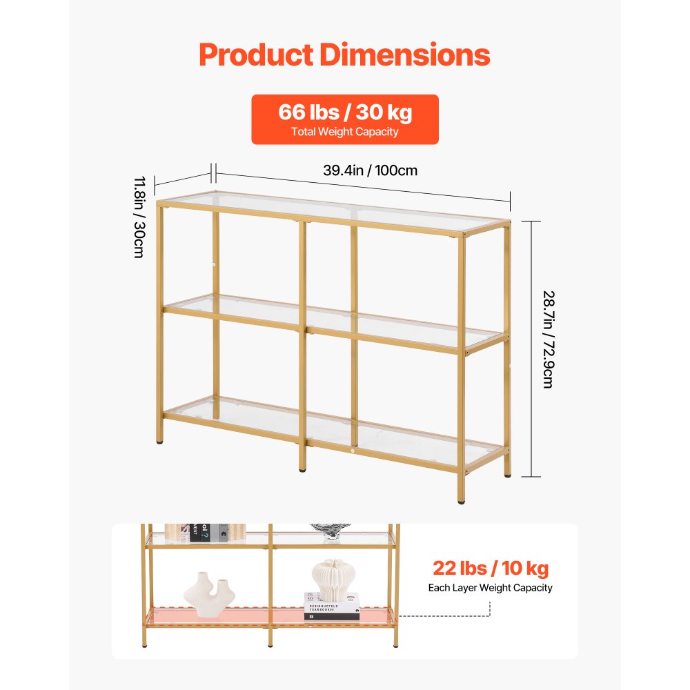 VEVOR 3-stufiger Konsolentisch moderner rechteckiger Flurtisch (100 x 30 x 72,9 cm) mit Platte aus gehärtetem Glas, Beistelltisch mit Kippschutz, für Wohnzimmer Flur Eingangsbereich Foyer Golden