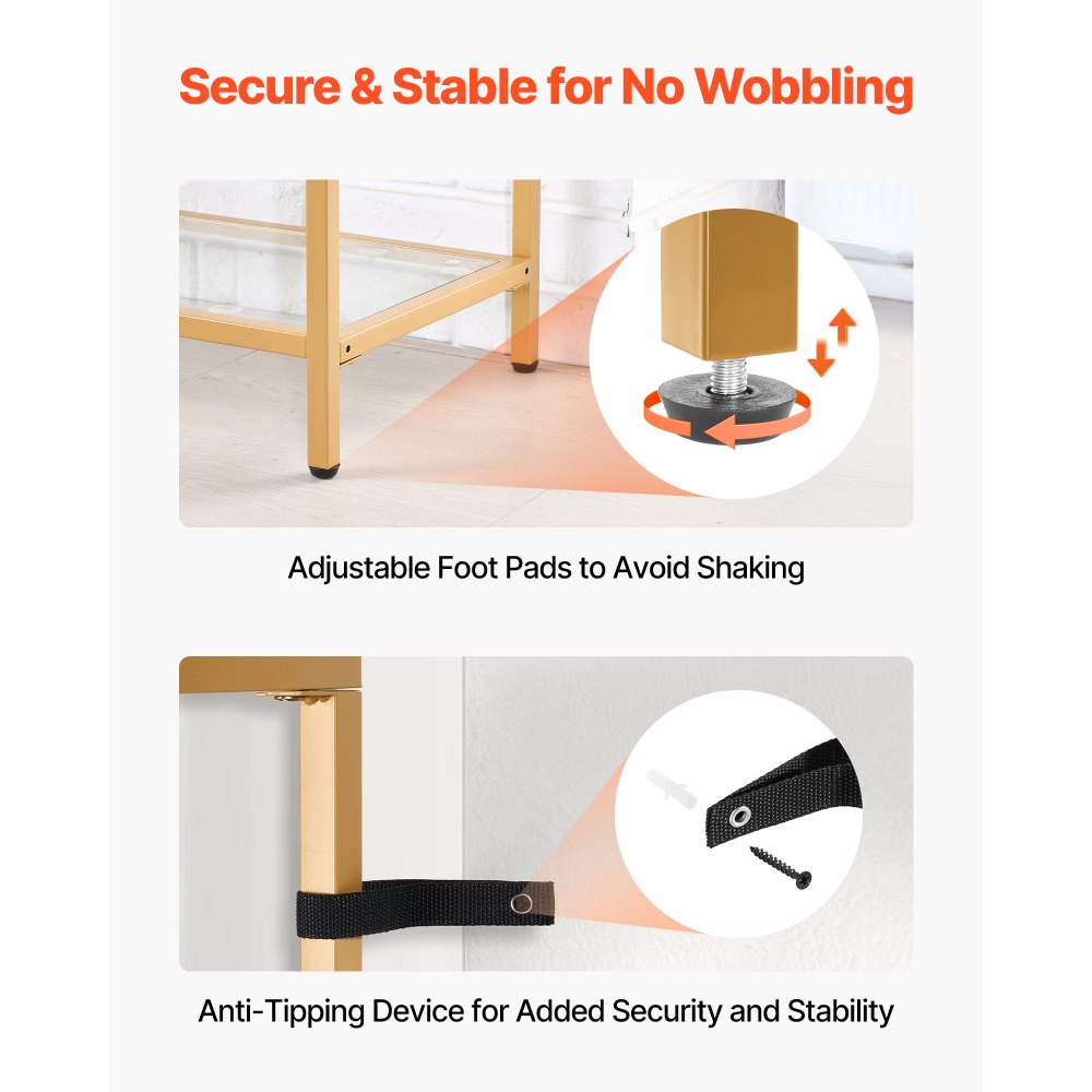 VEVOR 3-stufiger Konsolentisch moderner rechteckiger Flurtisch (100 x 30 x 72,9 cm) mit Platte aus gehärtetem Glas, Beistelltisch mit Kippschutz, für Wohnzimmer Flur Eingangsbereich Foyer Golden