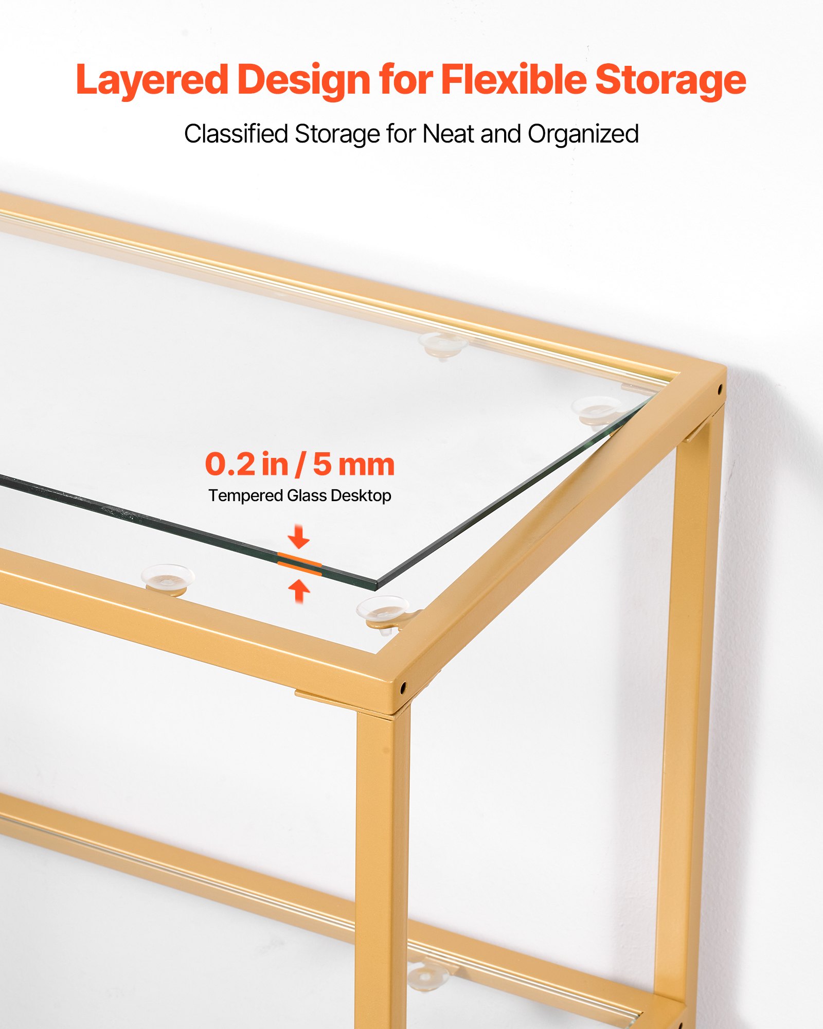 VEVOR 3-stufiger Konsolentisch moderner rechteckiger Flurtisch (100 x 30 x 72,9 cm) mit Platte aus gehärtetem Glas, Beistelltisch mit Kippschutz, für Wohnzimmer Flur Eingangsbereich Foyer Golden